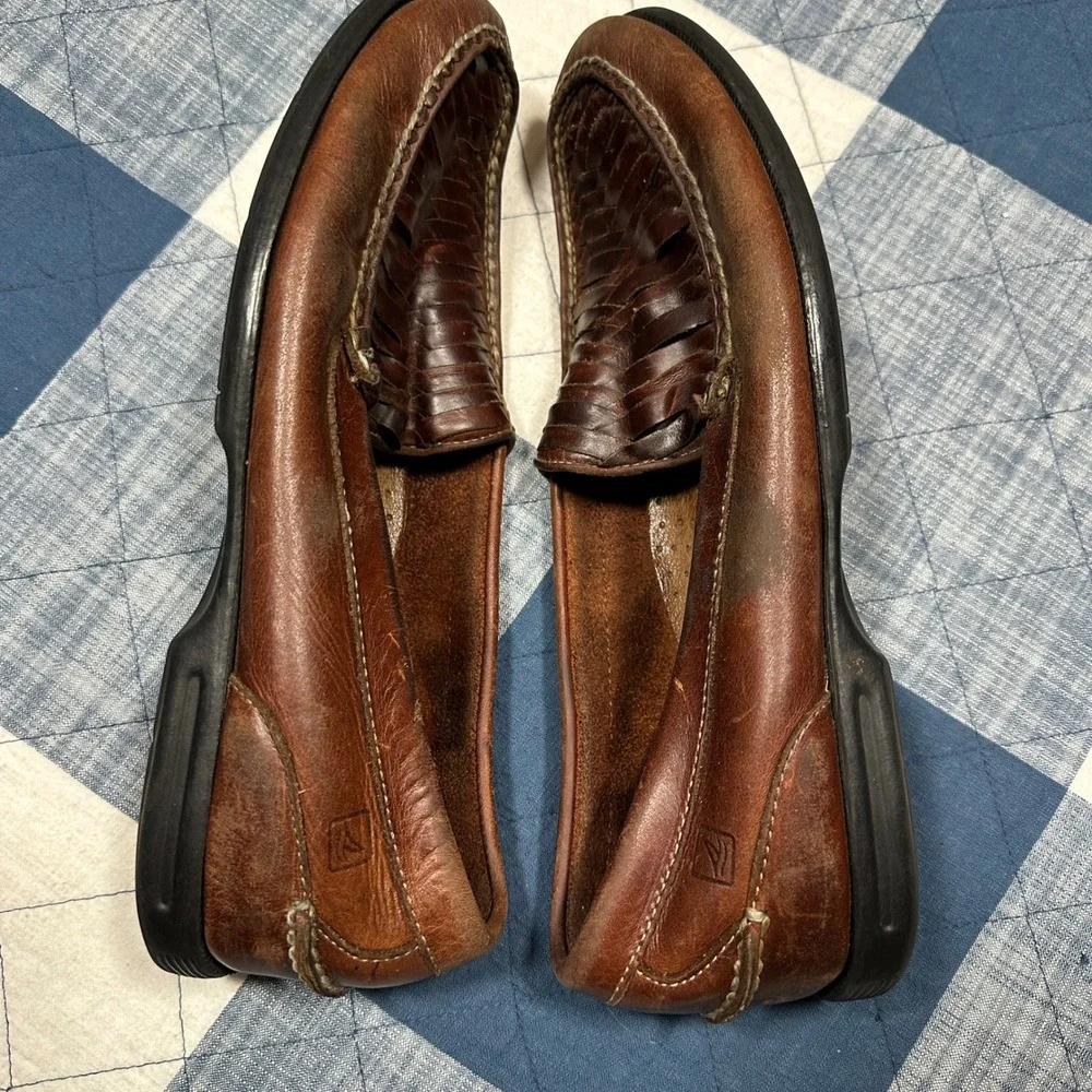 Sperry Top-Sider Mens 10M Brown Leather Woven Vamp‎ Loafers Slip On Shoes